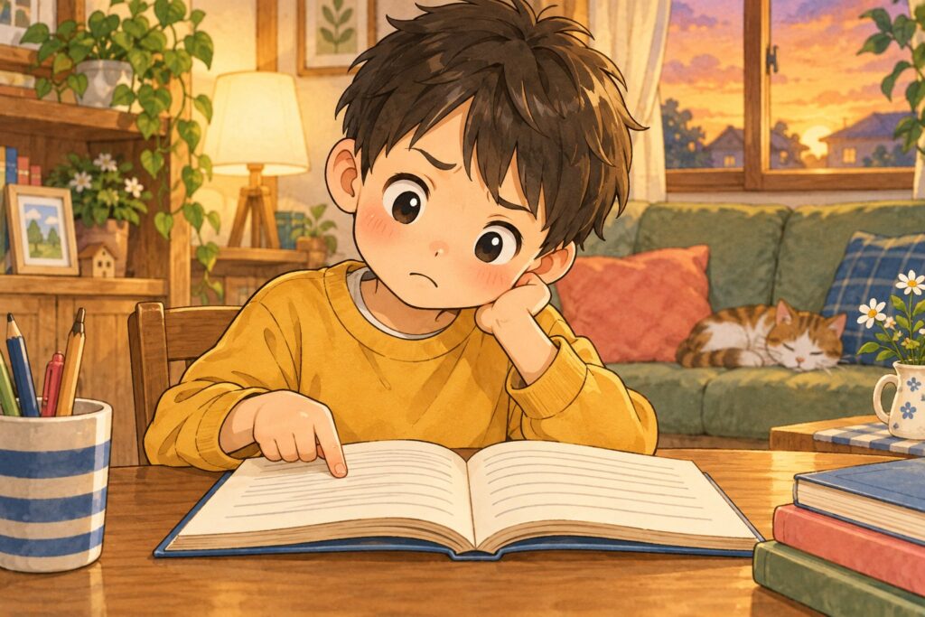 本を開き、指で文字をひとつずつ追いながら首をかしげる小学生の男の子