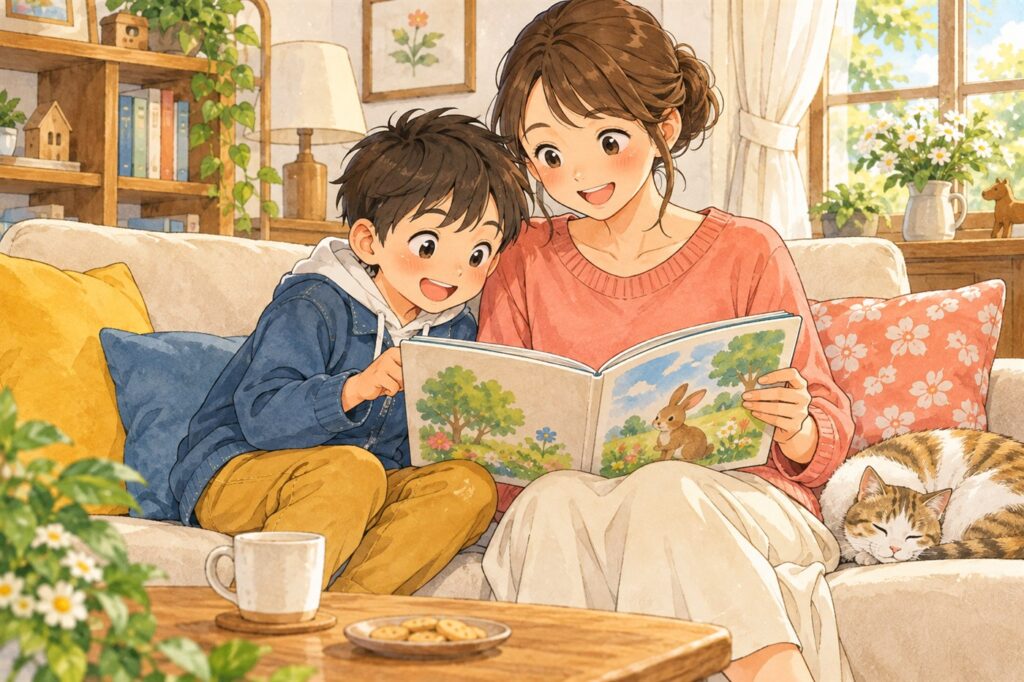 ソファでお母さんの読み聞かせを聞きながら、絵本のページをのぞきこむ小学生の男の子