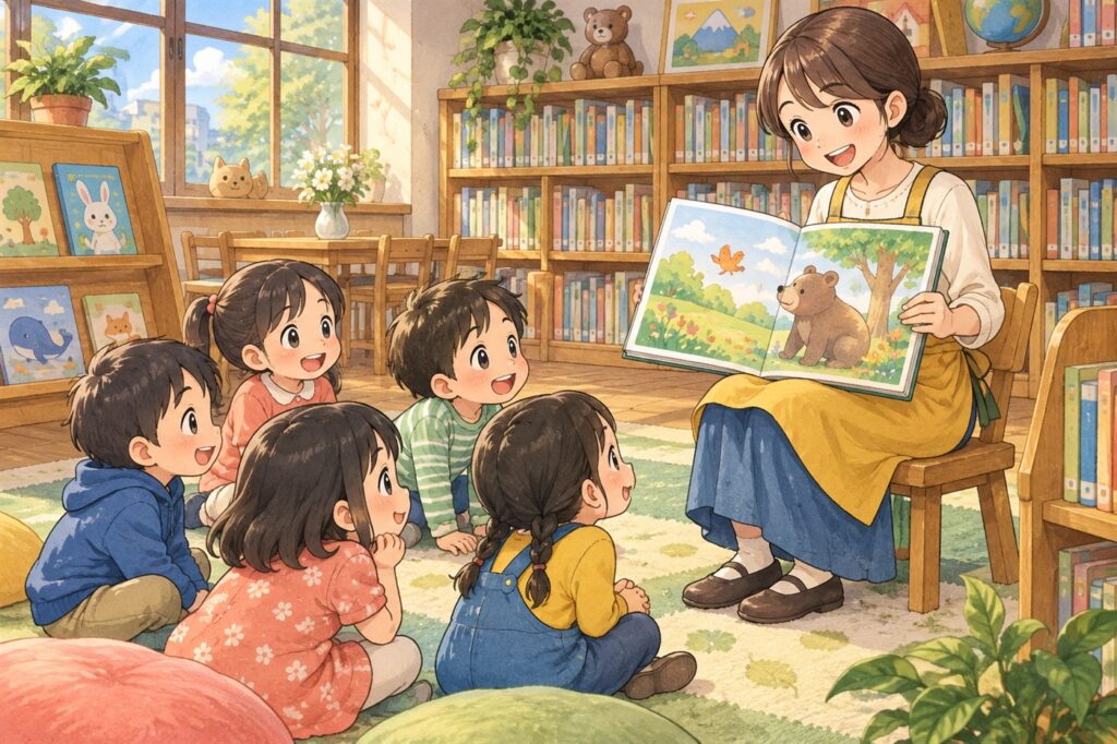 小学校の図書室で、司書が低学年の子どもたちに絵本を読み聞かせている