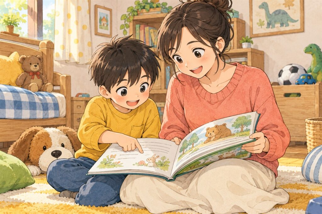 お母さんの読み聞かせを聞きながら、絵本の文字を指で追う小学生の男の子