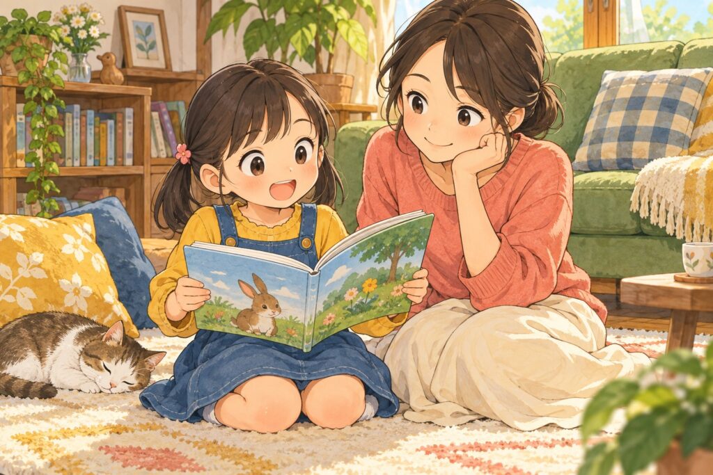 絵本を声に出して読む女の子と、となりでうなずきながら聞くお母さん