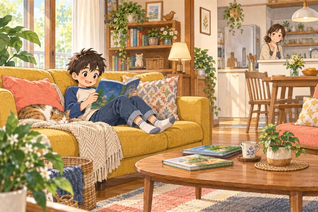 リビングで自分から本を読みはじめた男の子と、少しはなれた場所からそっと見守るお母さん