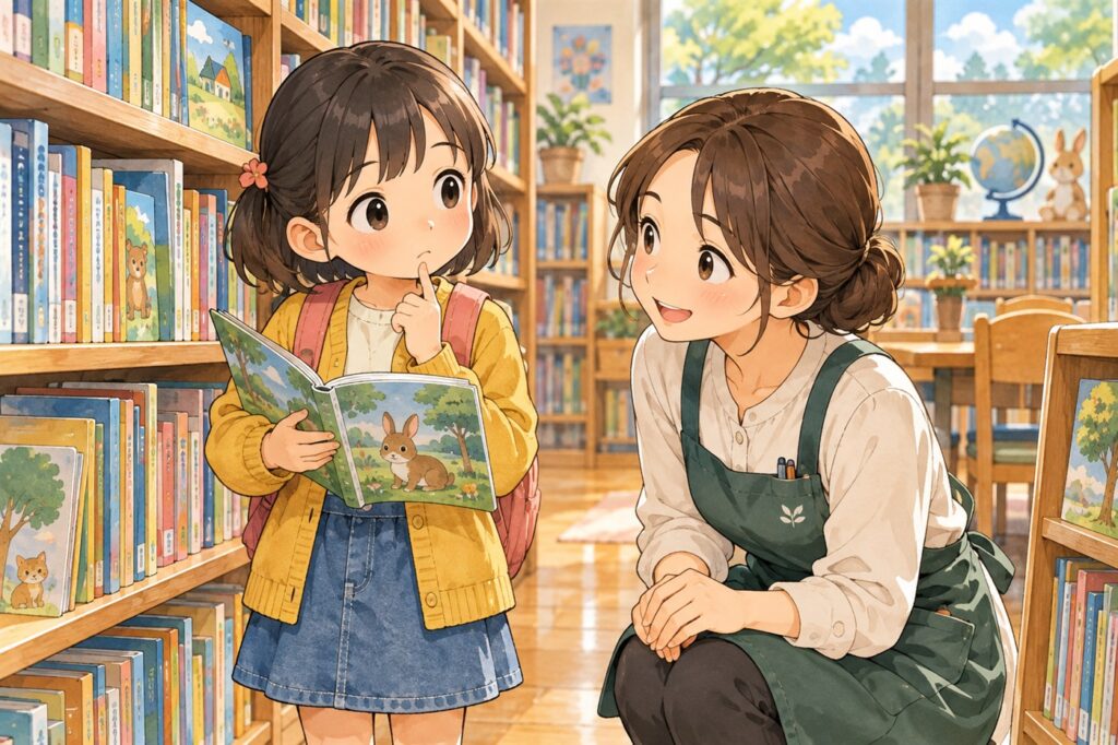 図書室の本棚の前で本を開いて迷う女の子と、しゃがんでやさしく声をかける司書