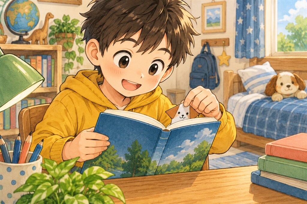 折り紙で作ったしおりを、読みかけの本にはさむ男の子