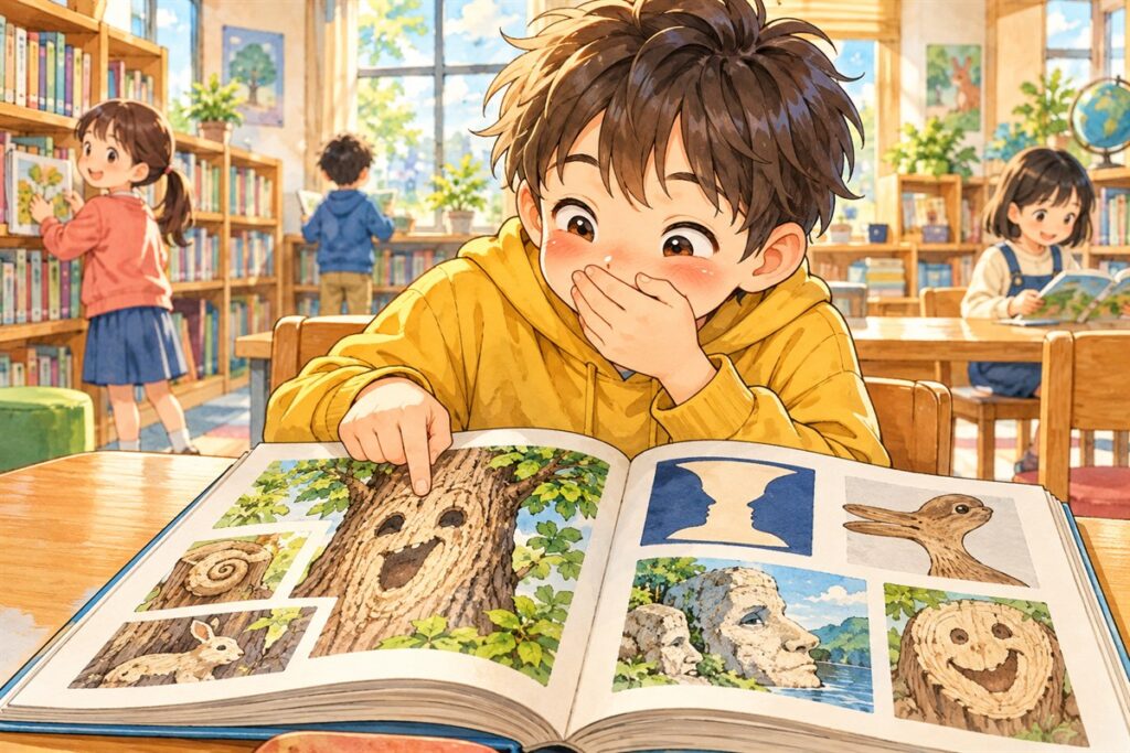 休み時間の図書室で、目のまわりが赤い男の子が、顔に見える木の模様の図鑑を指さして思わず笑っている