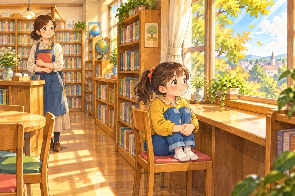図書室の窓ぎわの席で、ひざをかかえて外を見る女の子を、司書が少しはなれて見守っている