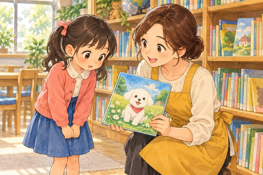 図書室の本棚の前で、司書がしゃがんで、白い小さな犬の絵本を女の子に見せている