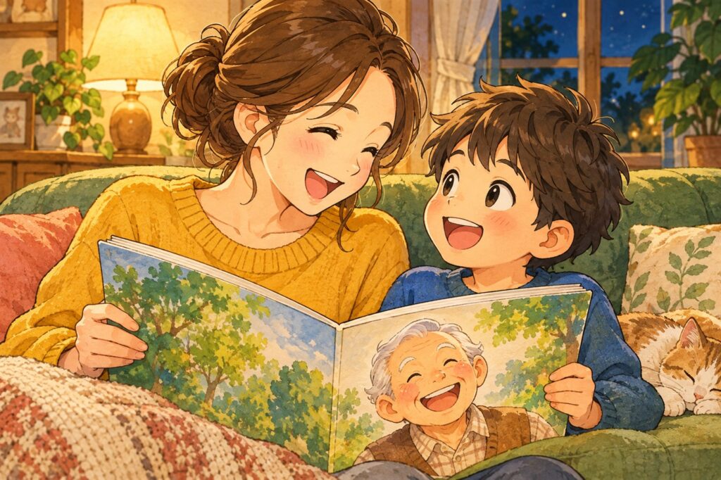 夜のソファで、母親と男の子が一冊の絵本をひらいて、顔を見合わせて笑っている