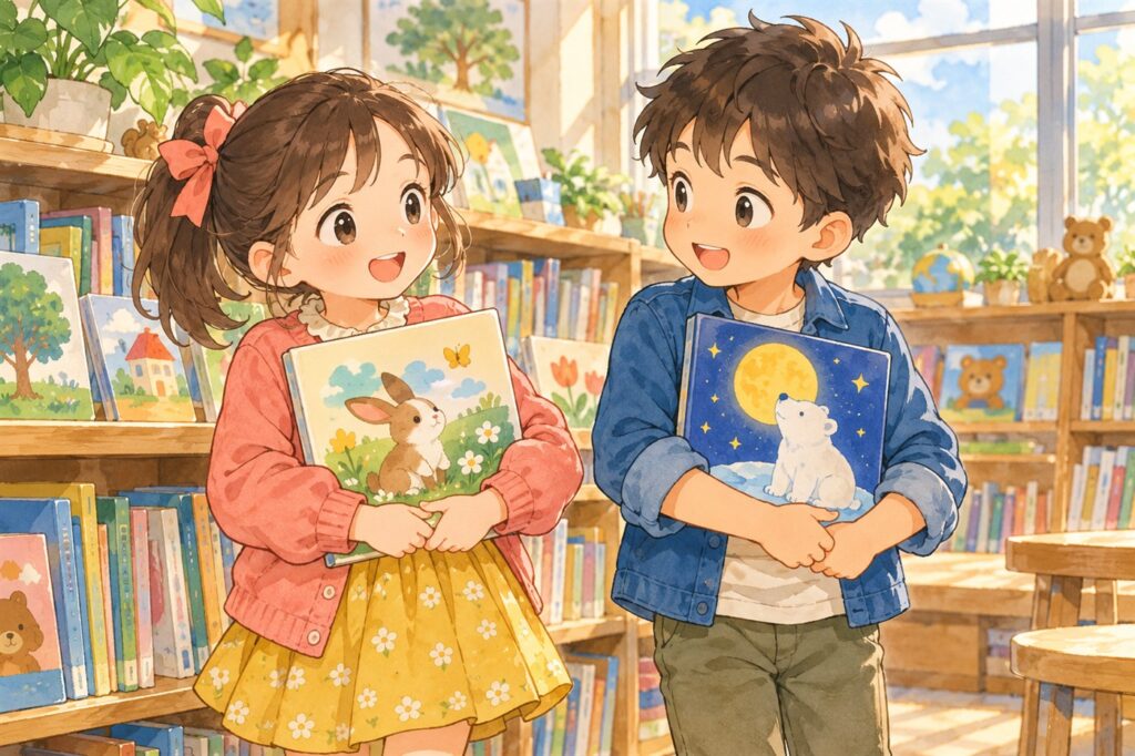図書室の本棚の前で、女の子と男の子が気に入った絵本を胸にかかえて見せ合っている
