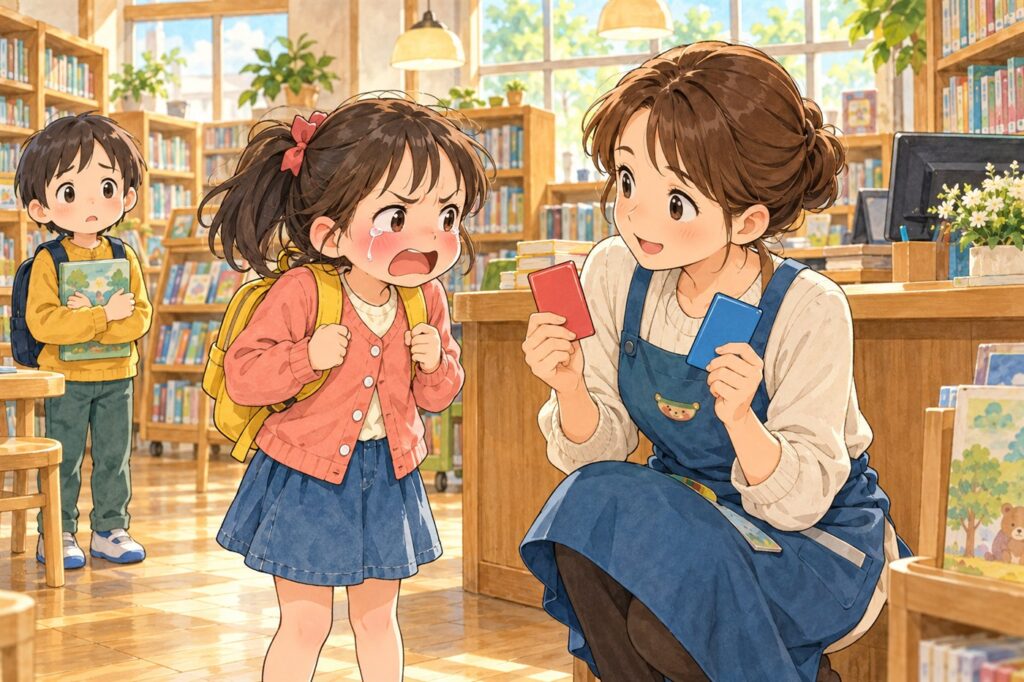 図書室で本を借りられずに怒って泣きそうな女の子に、司書がしゃがんで赤いカードと青いカードを見せている
