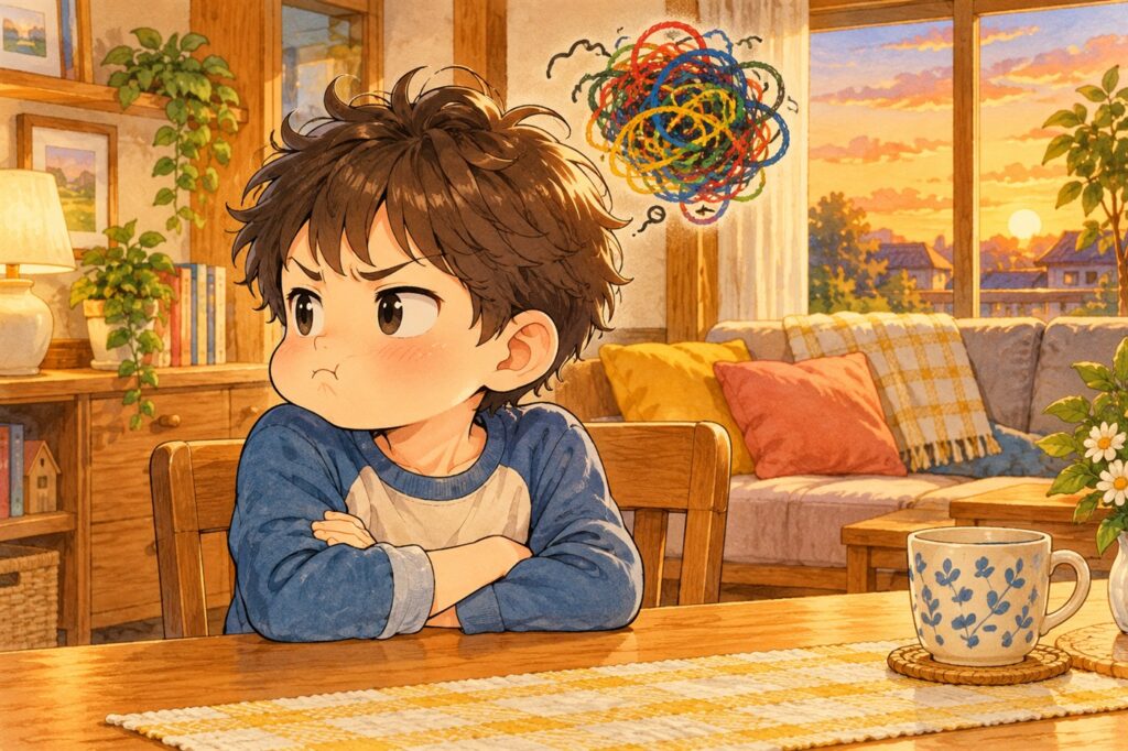 腕を組んでそっぽを向く男の子の頭の上に、いろいろな色がからまったもやもやが浮かんでいる