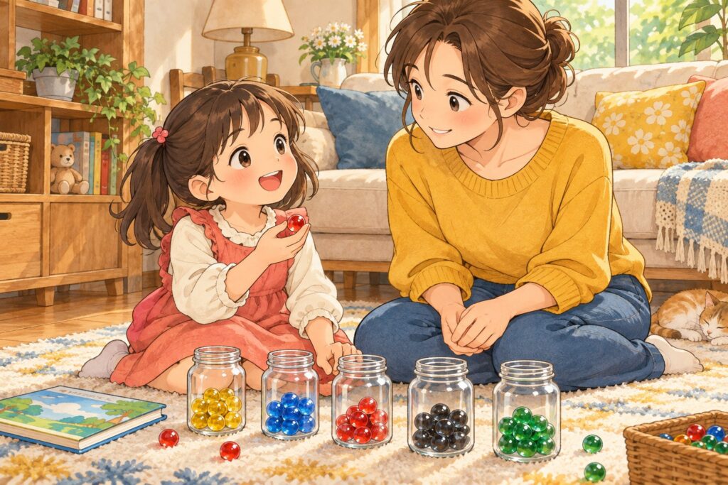 母親と女の子が、黄色・青・赤・黒・緑のびんに色の玉を分けて入れている