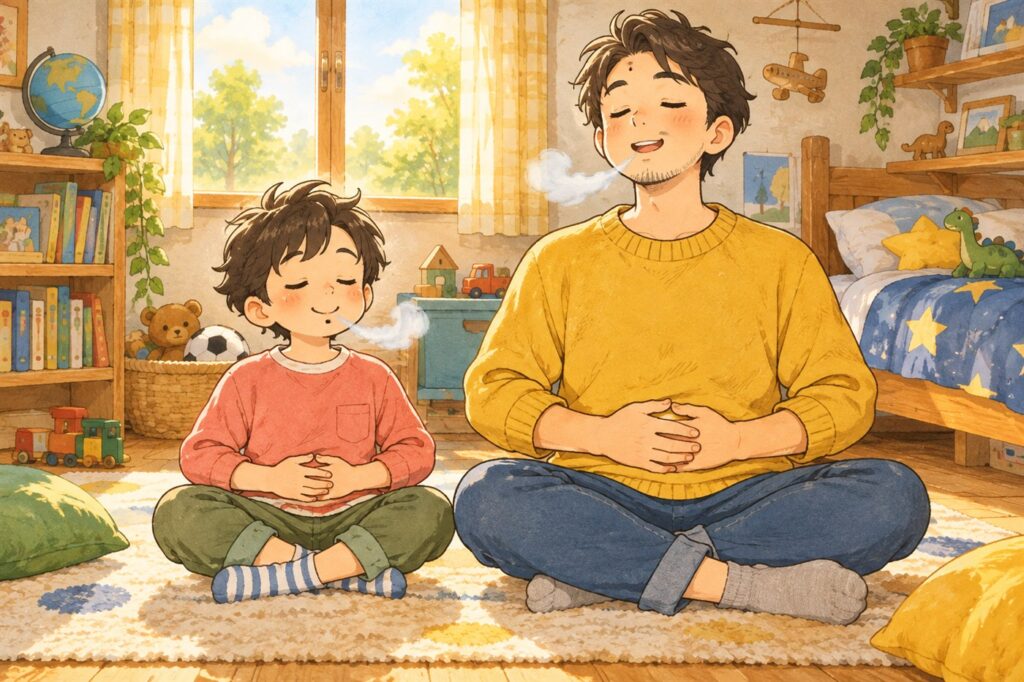 父親と男の子が床にあぐらをかき、おなかに手をあててゆっくり息をはいている