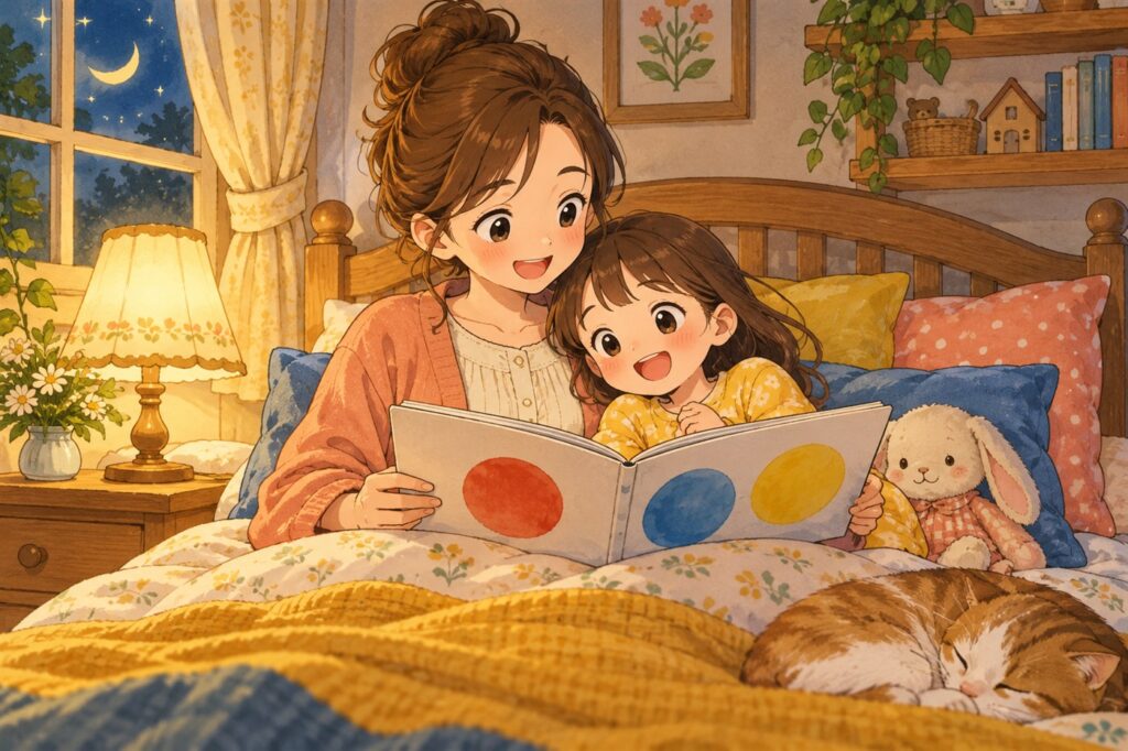 寝る前にベッドで、母親が子どもに絵本を読み聞かせている