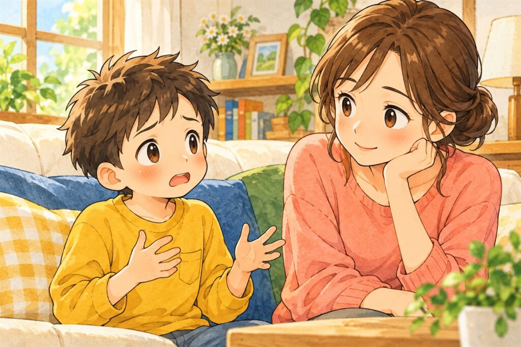 胸のあたりを手でおさえて「ここがぎゅーっとする」と伝えている低学年の子