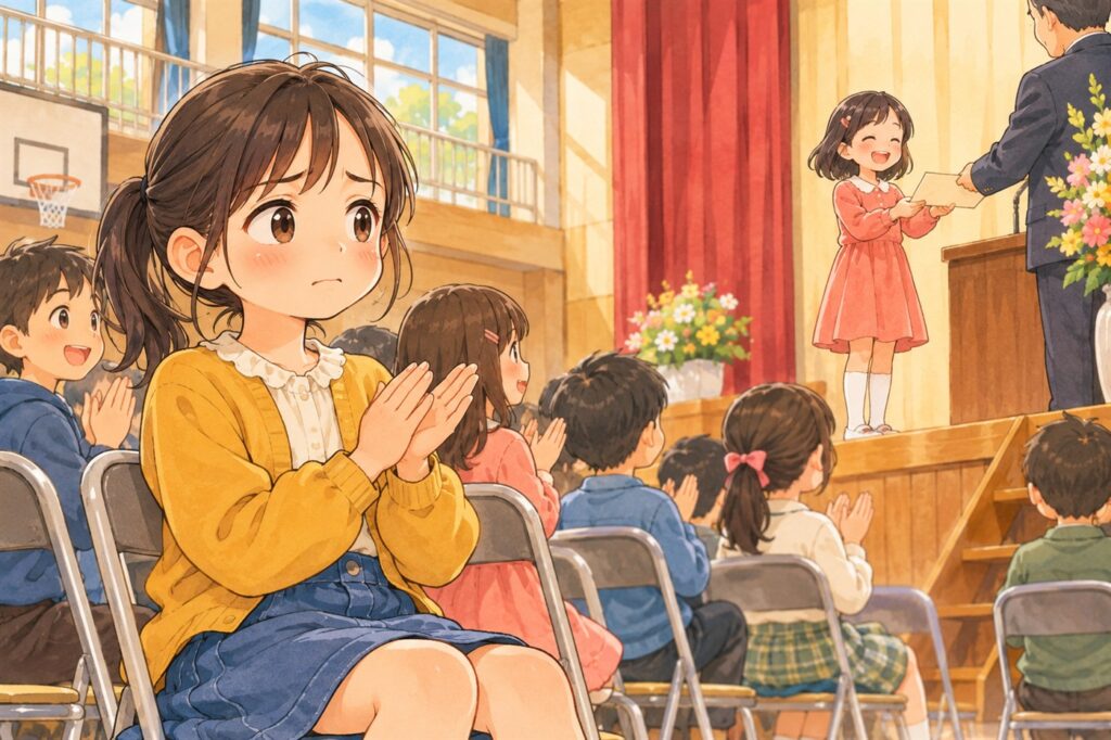 友だちが表彰されるのを見ながら、複雑な表情をしている中学年の子