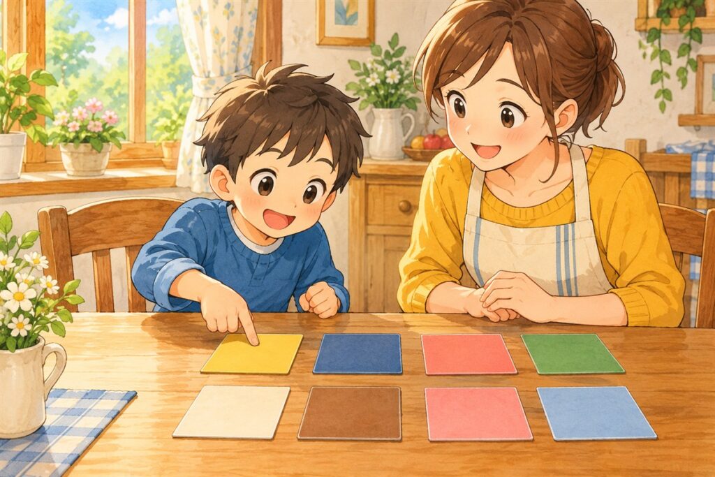 親が並べた言葉の中から、子どもが自分の気持ちを選んでいる場面