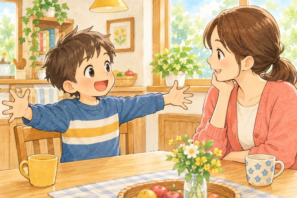 両手を広げて「これくらい嫌だった」と気持ちの大きさを示している子ども