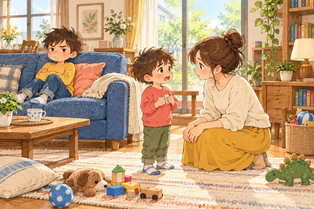 きょうだいげんかのあと、ひとりずつ順番に話を聞いている親