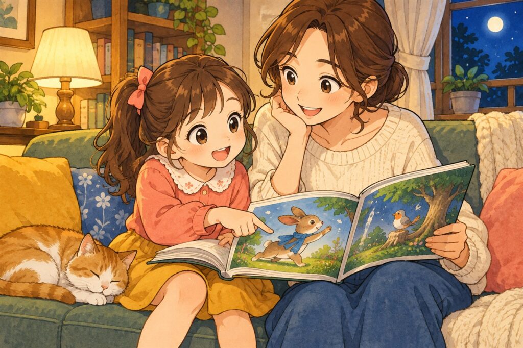 絵本の登場人物を指さして、その子の気持ちを一緒に話している親子