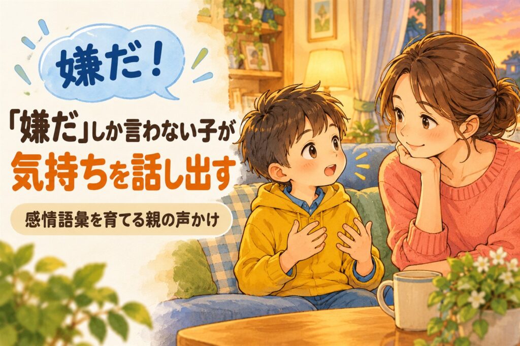 嫌だ！「嫌だ」しか言わない子が気持ちを話し出す。感情語彙を育てる親の声かけ。ソファで母親に話し出す男の子のイラスト