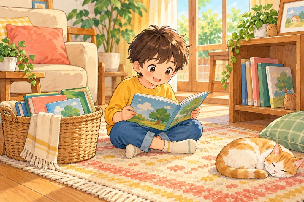 図書館の本が入ったかごと、数冊だけ並んだ本棚のあいだにすわる男の子