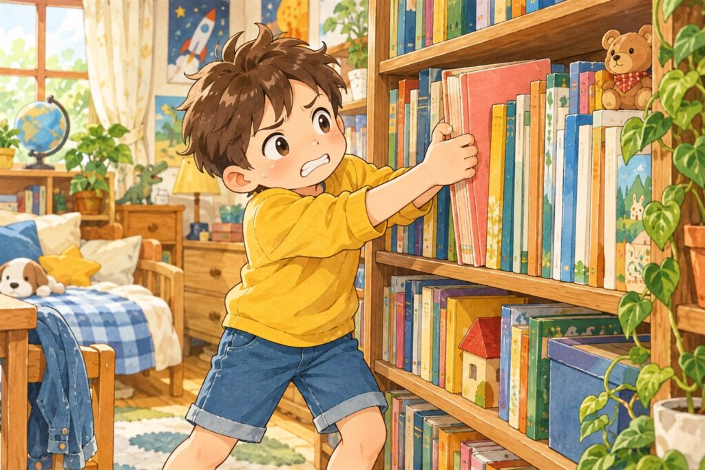 ぎゅうぎゅうに詰まった本棚から、本を引き抜こうとしている男の子
