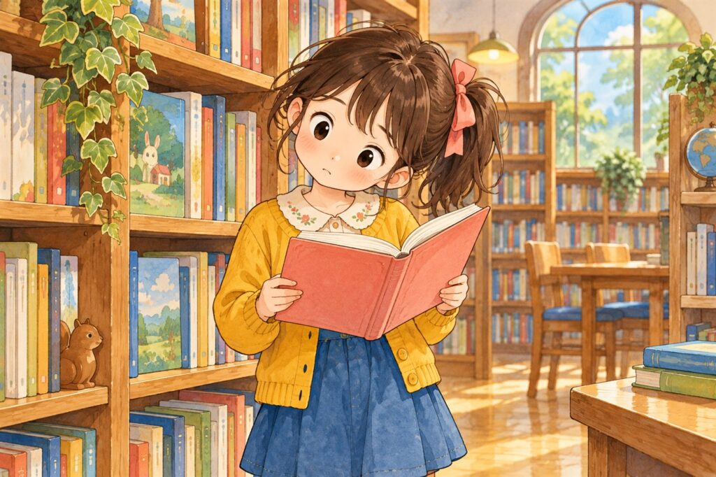 図書館の書棚の前で、本を開いて首をかしげている女の子