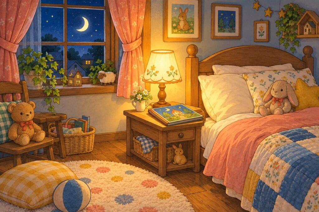 夜の子ども部屋。ベッドのそばの台に絵本が置かれている