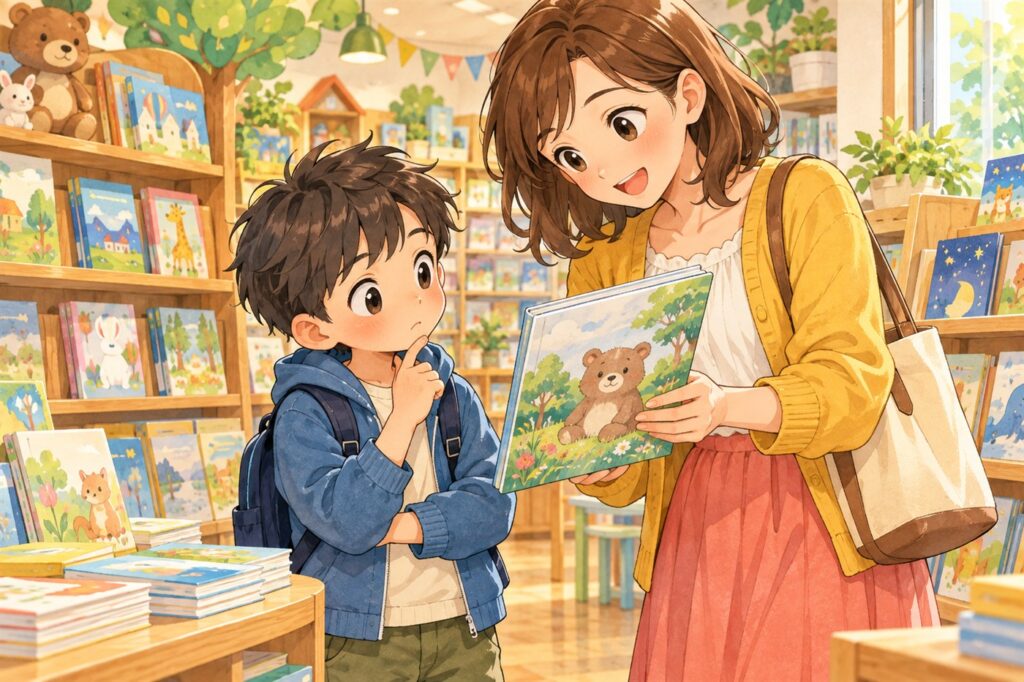 書店で母親が差し出した本の表紙を、じっと見て考えている男の子