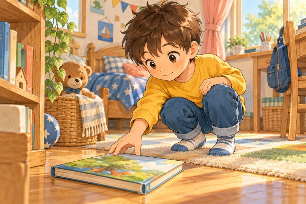 床に置かれたままだった本に、そっと手をのばしている男の子