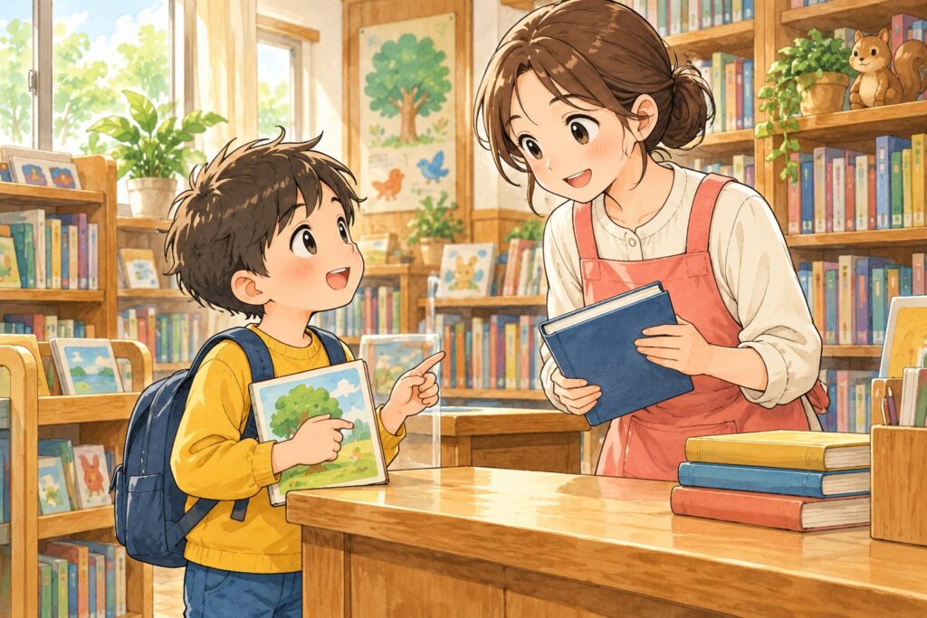 小学校の図書室のカウンターで、司書に本のことをたずねている男の子