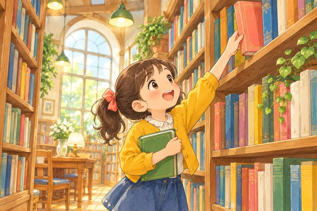 図書館の書棚の通路で、思いがけない本を見つけて見上げている女の子