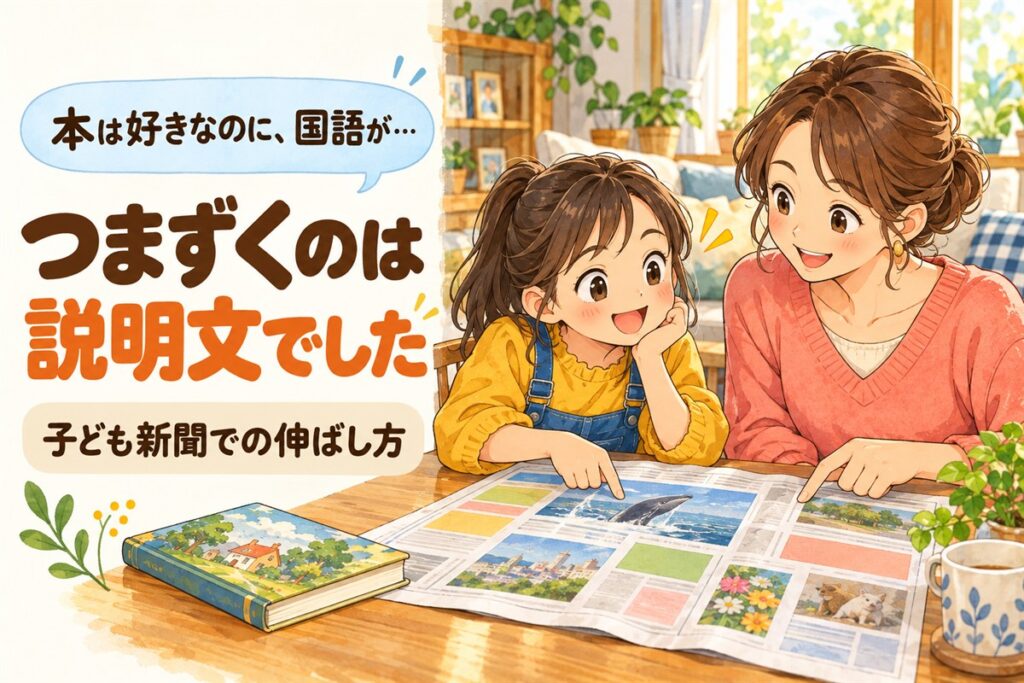 本は好きなのに、国語が…つまずくのは説明文でした。子ども新聞での伸ばし方。子ども新聞を広げて読む女の子と母親のイラスト
