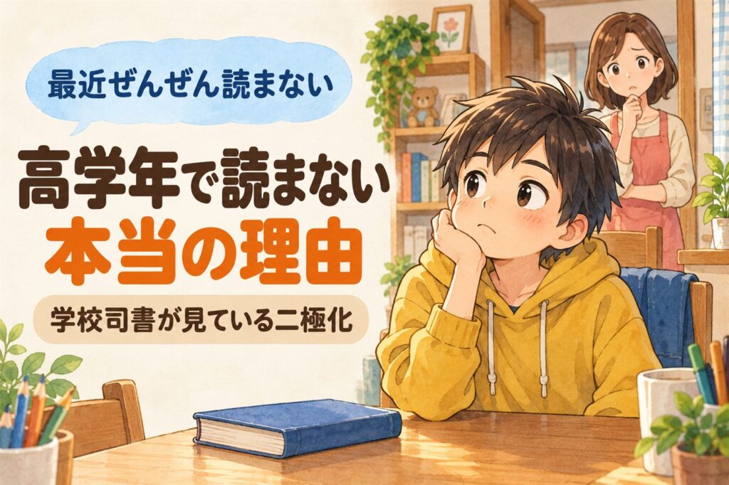 「最近ぜんぜん読まない」高学年で読まない本当の理由。学校司書が見ている二極化。本を閉じたまま頬づえをつく高学年の男の子と、心配そうに見る母親のイラスト