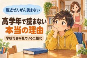 「最近ぜんぜん読まない」高学年で読まない本当の理由。学校司書が見ている二極化。本を閉じたまま頬づえをつく高学年の男の子と、心配そうに見る母親のイラスト