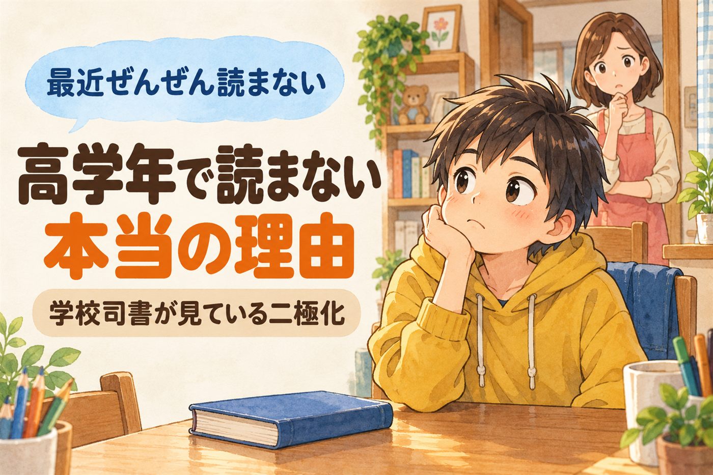 「最近ぜんぜん読まない」高学年で読まない本当の理由。学校司書が見ている二極化。本を閉じたまま頬づえをつく高学年の男の子と、心配そうに見る母親のイラスト
