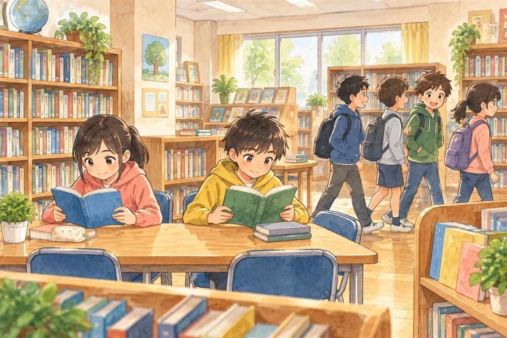 学校の図書室で、テーブルで本を読む高学年の子どもたちと、本を持たずに通りすぎていく子どもたち。読む子と読まない子に分かれている様子