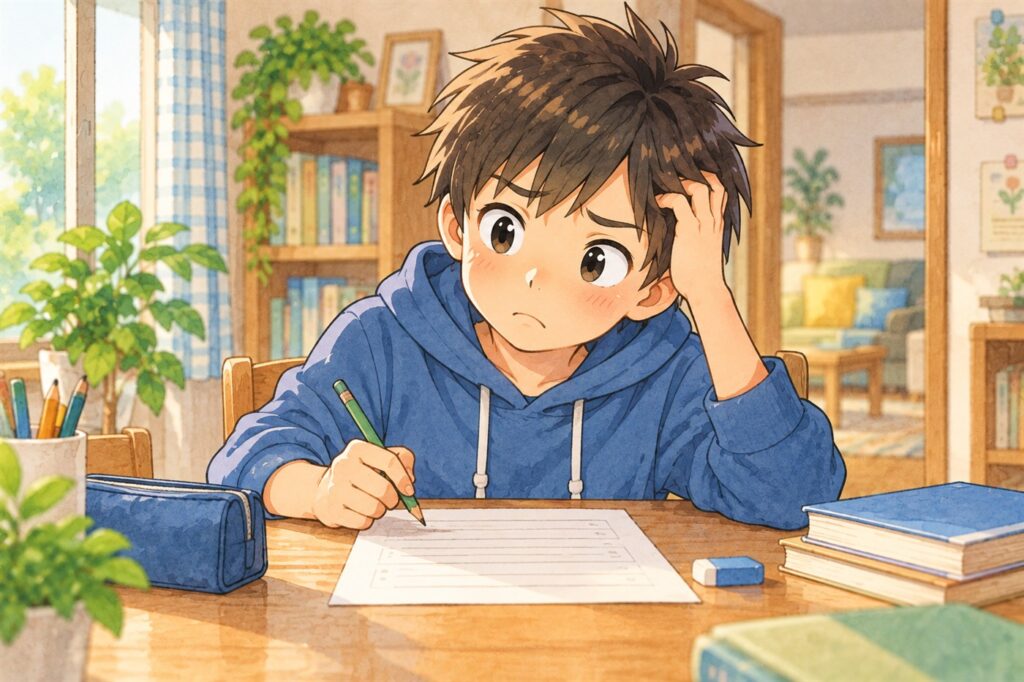 家の机で算数のプリントの問題文のところで手が止まり、困った顔をしている高学年の男の子