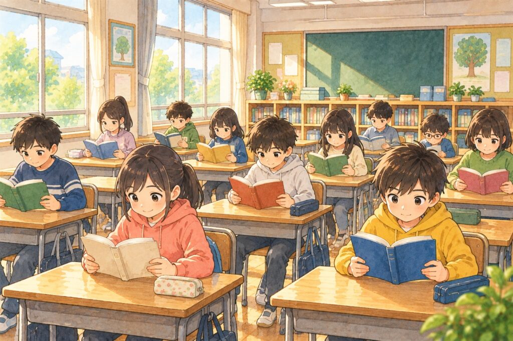 朝の教室で、高学年の子どもたちが席についてそれぞれ静かに本を読んでいる朝読書の時間