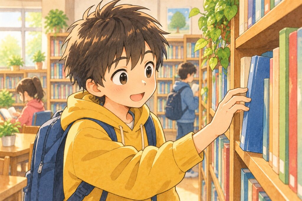図書室の本棚の前で、しぶしぶ棚を見ていた高学年の男の子が1冊の本に目をとめて、面白そうだという顔で手をのばしている