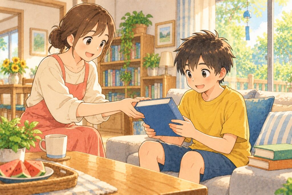 リビングで母親が高学年の男の子に厚めの本をやわらかく手渡している。押しつけない渡し方で、男の子は表紙を見ている