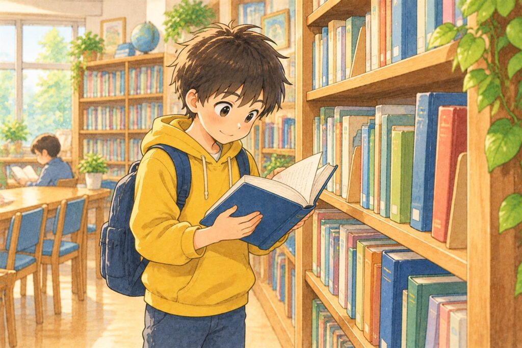図書室の本棚で、薄い本のとなりに並んだ厚い本を高学年の男の子が取り出して、中を数ページ開いて確かめている