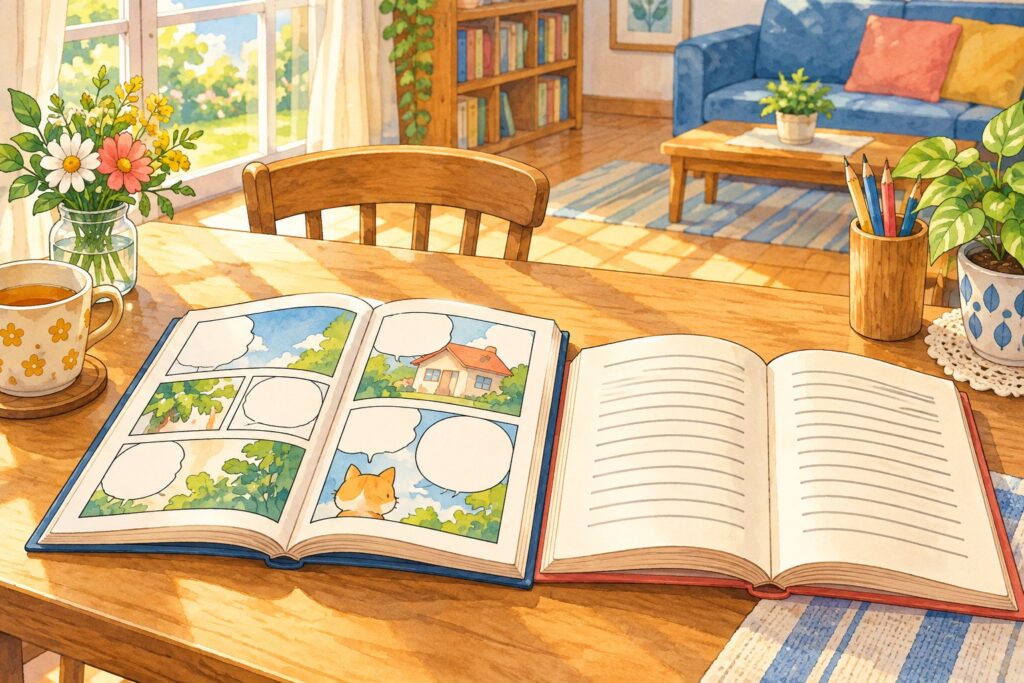 テーブルの上に並べて開かれた、コマと吹き出しのある漫画と、行だけの文字の本