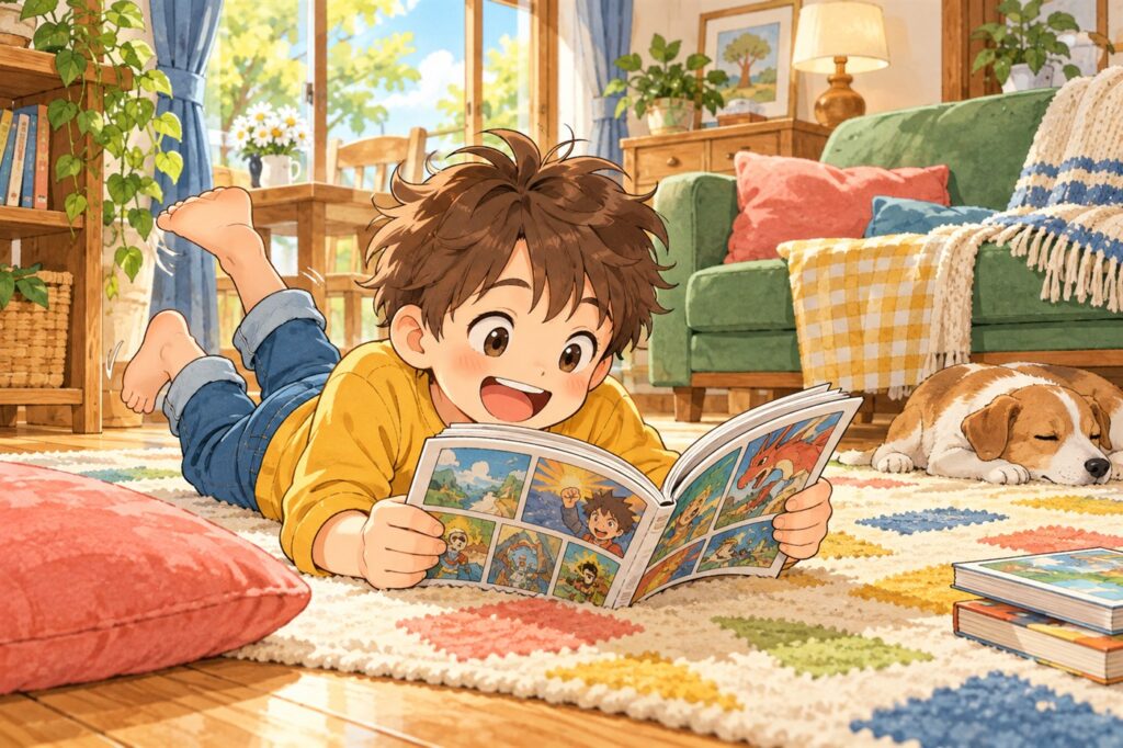 リビングの床にうつぶせになり、声を出して笑いながら漫画を読んでいる男の子