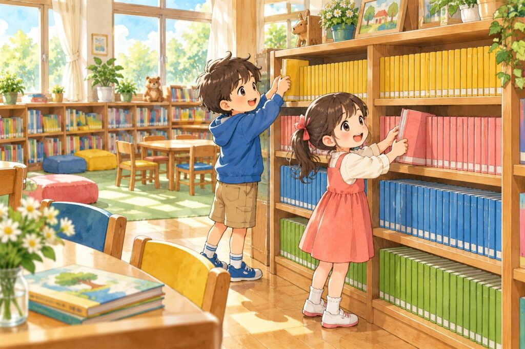 小学校の図書室で、背表紙のそろったシリーズの棚から本を引き抜く二人の子ども
