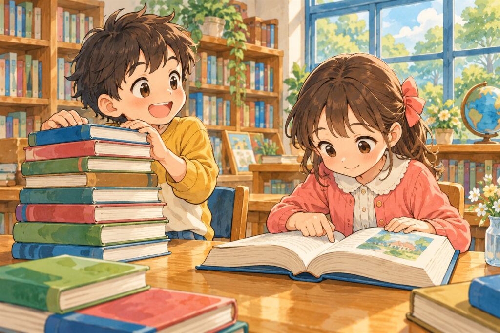 図書室の同じ机で、読み終えた本を積み上げた子と、厚い本を指でなぞって読む子