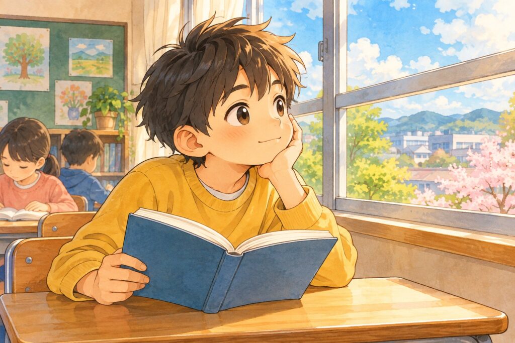 朝の読書の時間に、本を開いたまま窓の外を見てほおづえをついている男の子