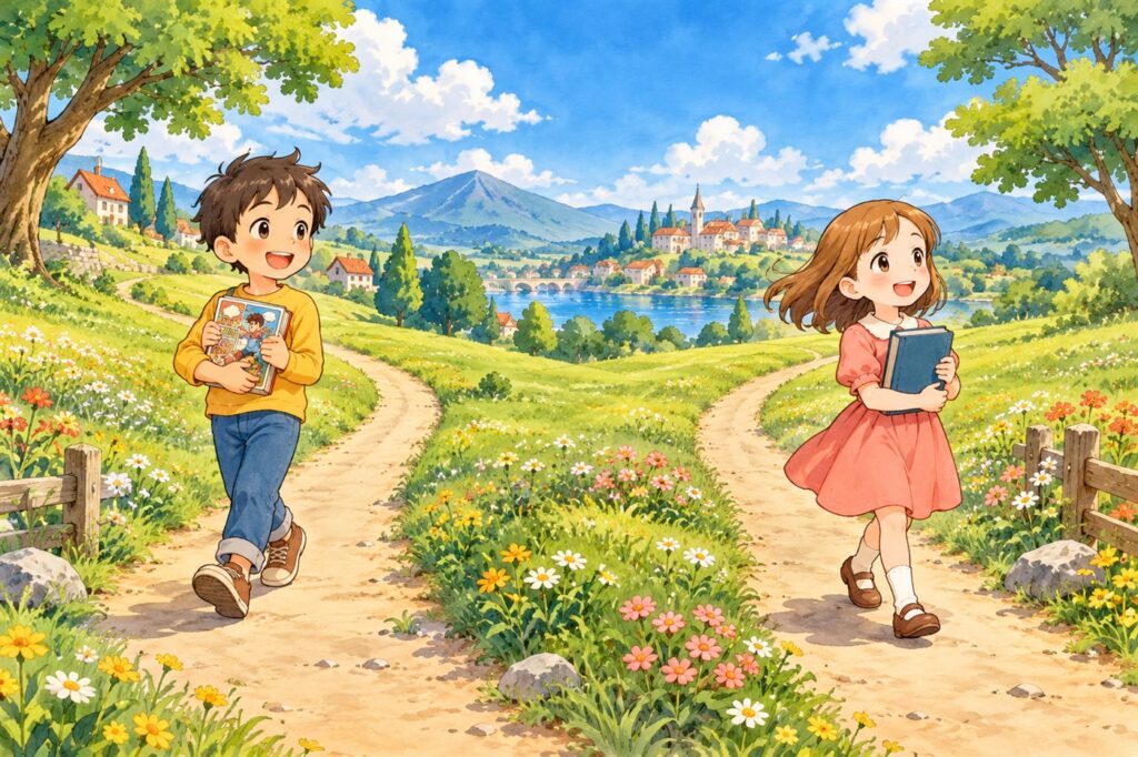 野原にのびる交わらない二本の道を、漫画をかかえた子と文字の本をかかえた子が歩いている
