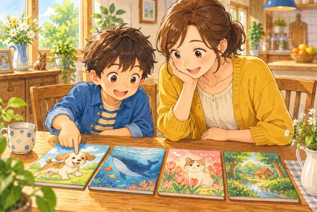 テーブルに並べた薄い本四冊を、のぞきこんで選んでいる男の子と母親